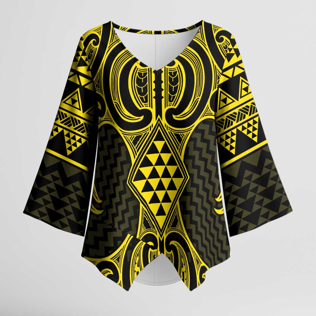 Mahi-dawg Maori Ta Moko Poutama Art Kimono Sleeve Blouse LT9 Female Yellow - Polynesian Pride