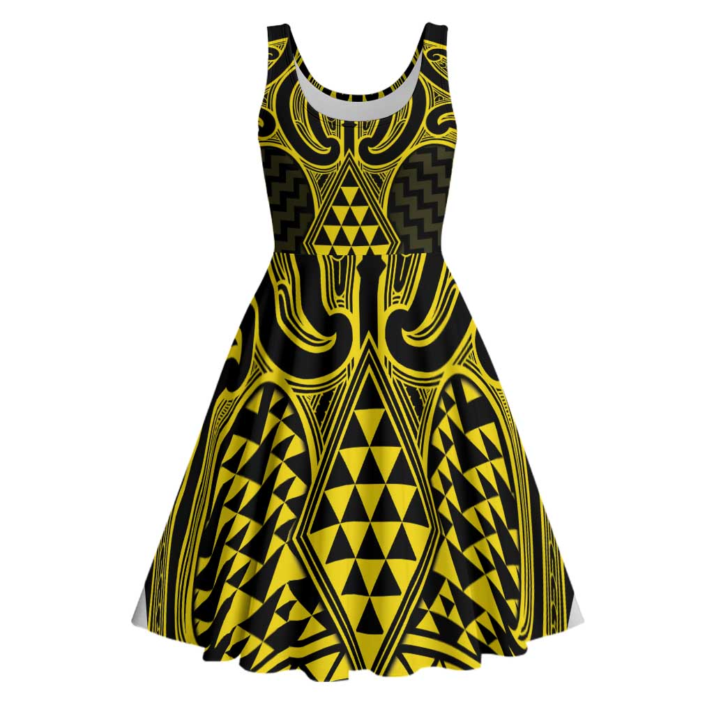 Mahi-dawg Maori Ta Moko Poutama Art Midi Dress LT9 Yellow - Polynesian Pride
