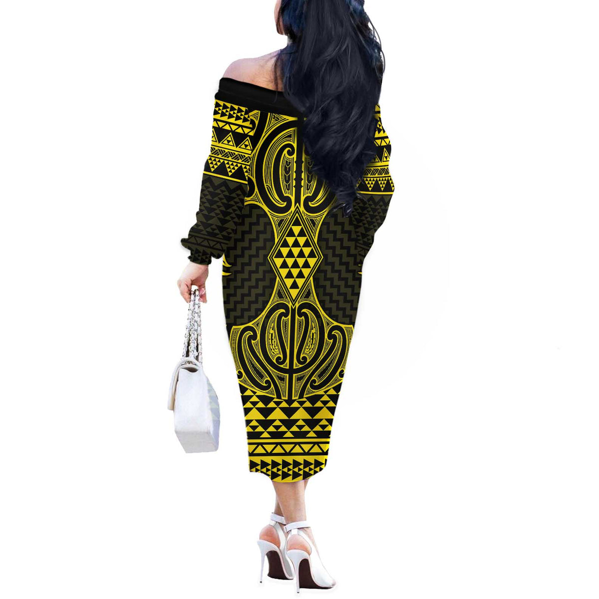 Mahi-dawg Maori Ta Moko Poutama Art Off The Shoulder Long Sleeve Dress LT9 - Polynesian Pride