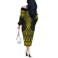 Mahi-dawg Maori Ta Moko Poutama Art Off The Shoulder Long Sleeve Dress LT9 - Polynesian Pride