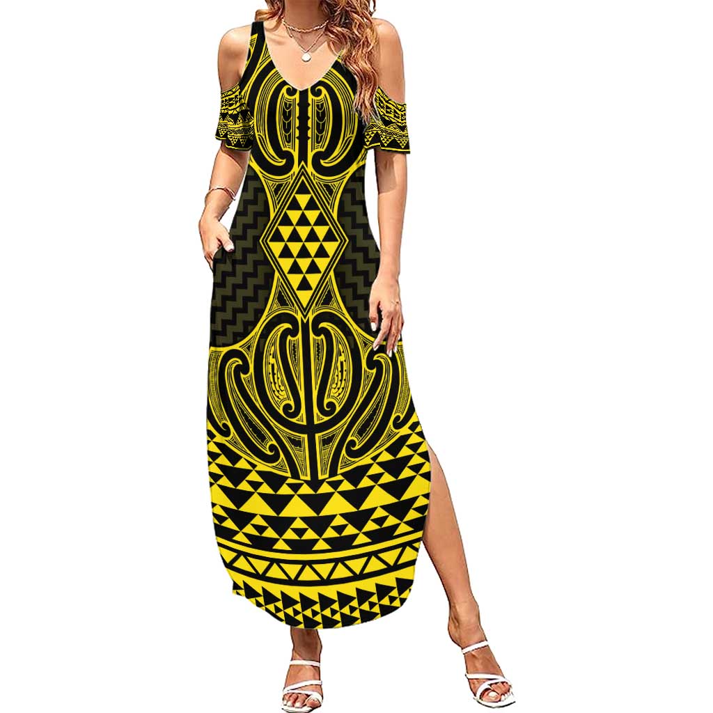 Mahi-dawg Maori Ta Moko Poutama Art Summer Maxi Dress LT9 Women Yellow - Polynesian Pride