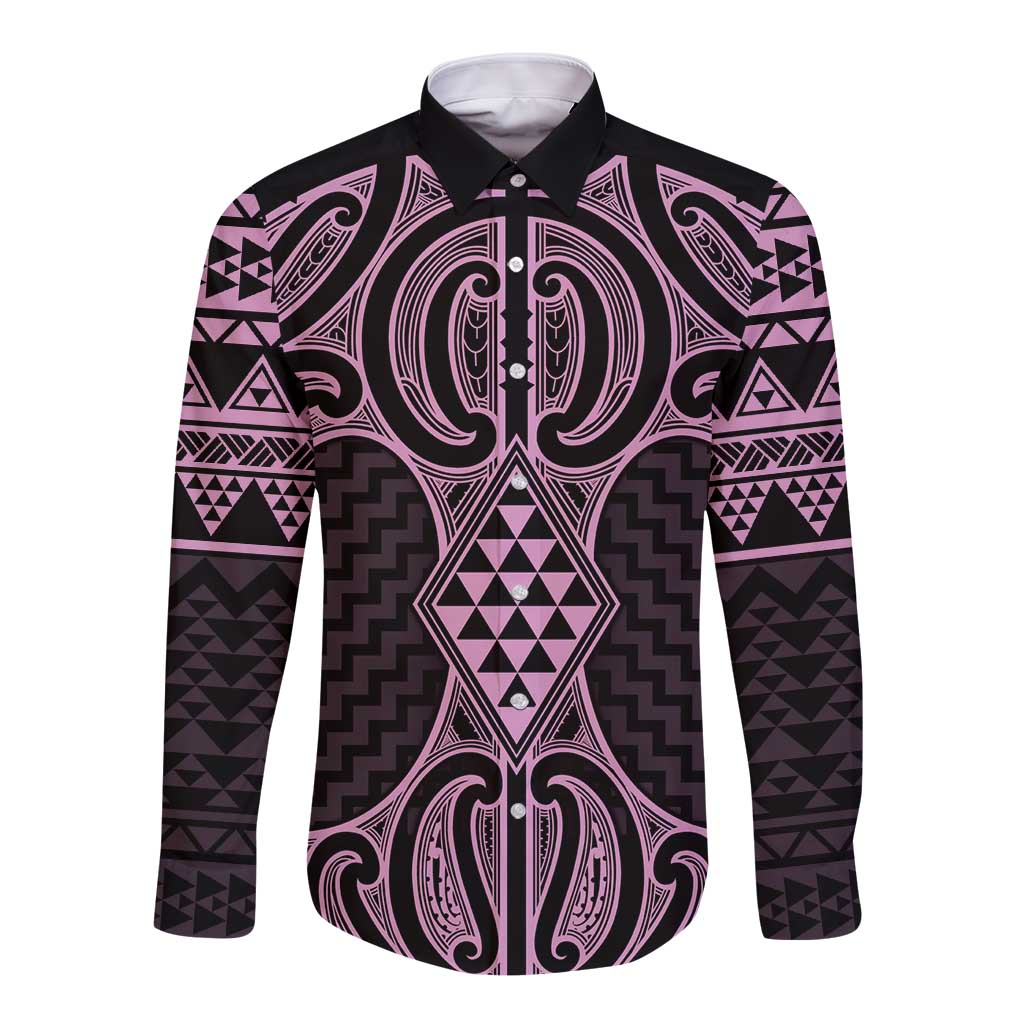 Mawhero Maori Ta Moko Poutama Art Long Sleeve Button Shirt LT9 Unisex Pink - Polynesian Pride