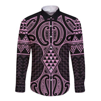 Mawhero Maori Ta Moko Poutama Art Long Sleeve Button Shirt LT9 Unisex Pink - Polynesian Pride