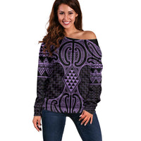 Waiporoporo Maori Ta Moko Poutama Art Off Shoulder Sweater LT9 Women Purple - Polynesian Pride