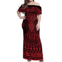 Whero Maori Ta Moko Poutama Art Off Shoulder Maxi Dress LT9 Women Red - Polynesian Pride