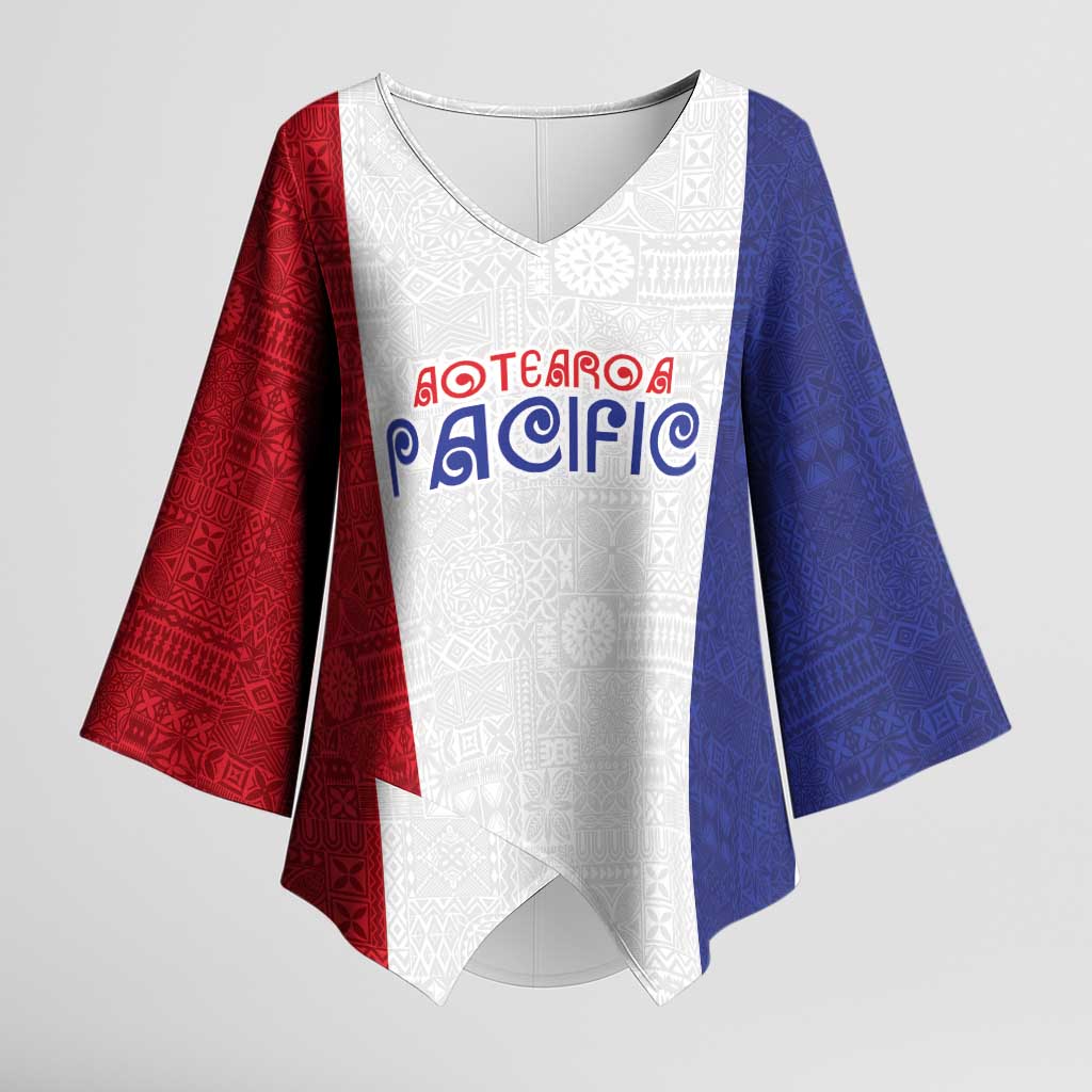 New Zealand Rugby Pacific Personalised Kimono Sleeve Blouse Maori Style Tribal Tapa Pattern LT9 Female White - Polynesian Pride