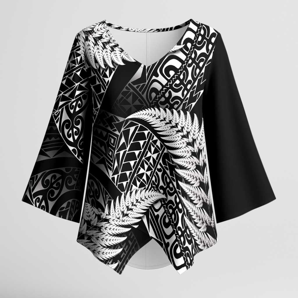 New Zealand Rugby Pacific Personalised Kimono Sleeve Blouse All Black Maori Pasifika Fern Pattern LT9 Female Black - Polynesian Pride
