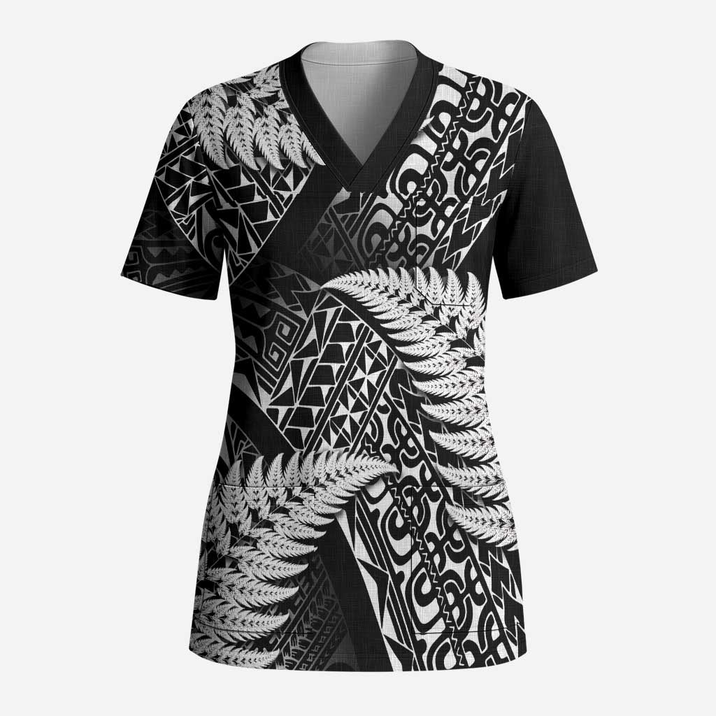 New Zealand Rugby Pacific Personalised Scrub Top All Black Maori Pasifika Fern Pattern LT9 Adult Black - Polynesian Pride