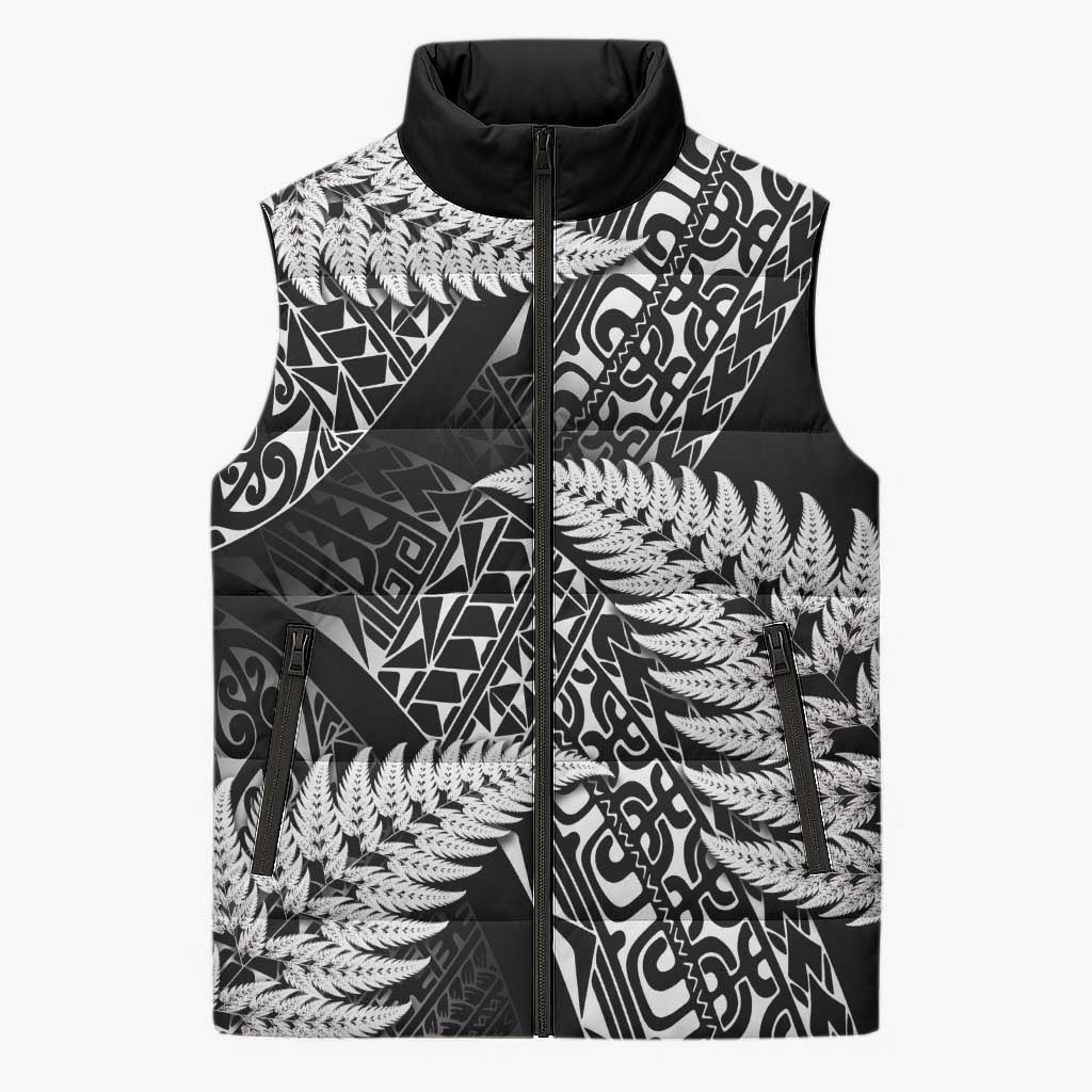 New Zealand Rugby Pacific Personalised Sleeveless Puffer Jacket All Black Maori Pasifika Fern Pattern LT9 Unisex Black - Polynesian Pride