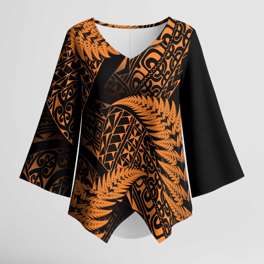 New Zealand Rugby Pacific Personalised Kimono Sleeve Blouse All Gold Maori Pasifika Fern Pattern LT9 Female Gold - Polynesian Pride