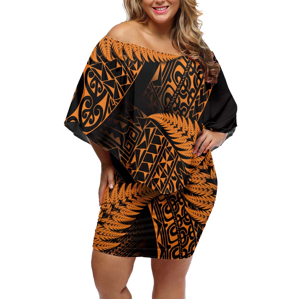New Zealand Rugby Pacific Personalised Off Shoulder Short Dress All Gold Maori Pasifika Fern Pattern LT9 Women Gold - Polynesian Pride