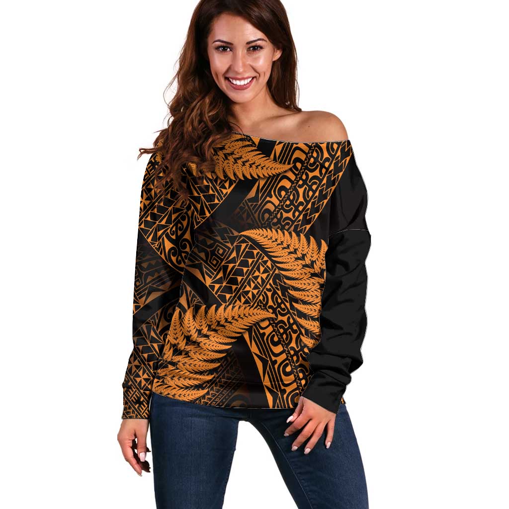New Zealand Rugby Pacific Personalised Off Shoulder Sweater All Gold Maori Pasifika Fern Pattern LT9 Women Gold - Polynesian Pride