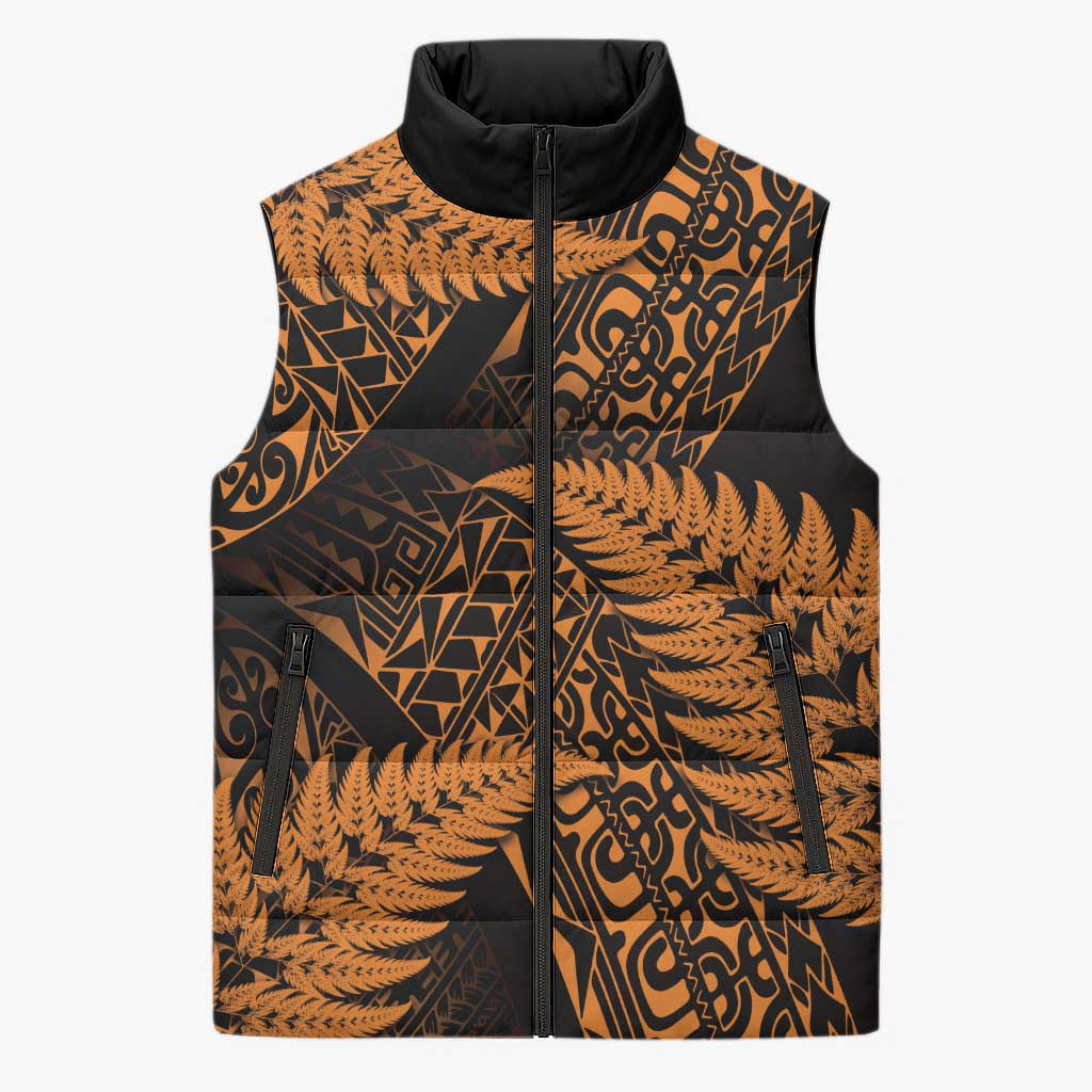 New Zealand Rugby Pacific Personalised Sleeveless Puffer Jacket All Gold Maori Pasifika Fern Pattern LT9 Unisex Gold - Polynesian Pride