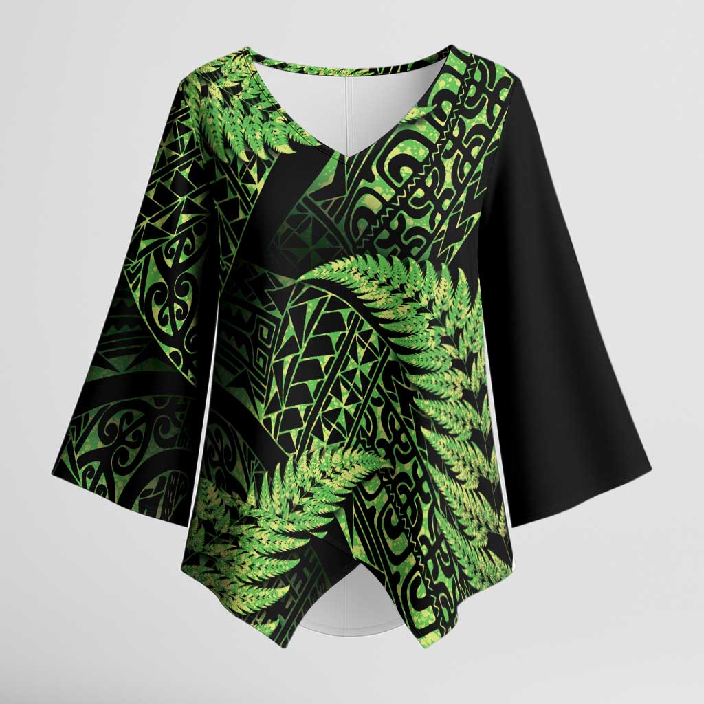 New Zealand Rugby Pacific Personalised Kimono Sleeve Blouse All Lime Maori Pasifika Fern Pattern LT9 Female Lime - Polynesian Pride