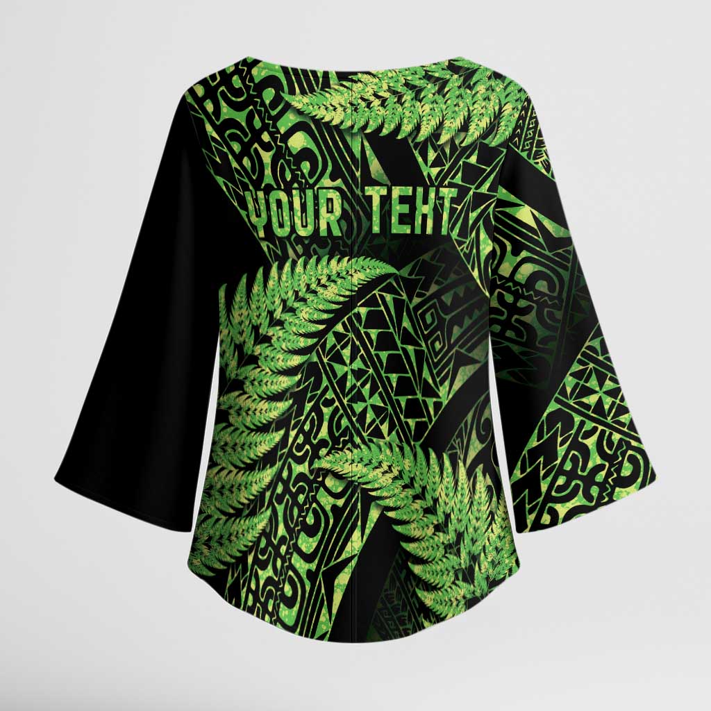 New Zealand Rugby Pacific Personalised Kimono Sleeve Blouse All Lime Maori Pasifika Fern Pattern LT9 - Polynesian Pride