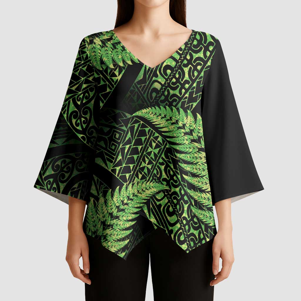 New Zealand Rugby Pacific Personalised Kimono Sleeve Blouse All Lime Maori Pasifika Fern Pattern LT9 - Polynesian Pride