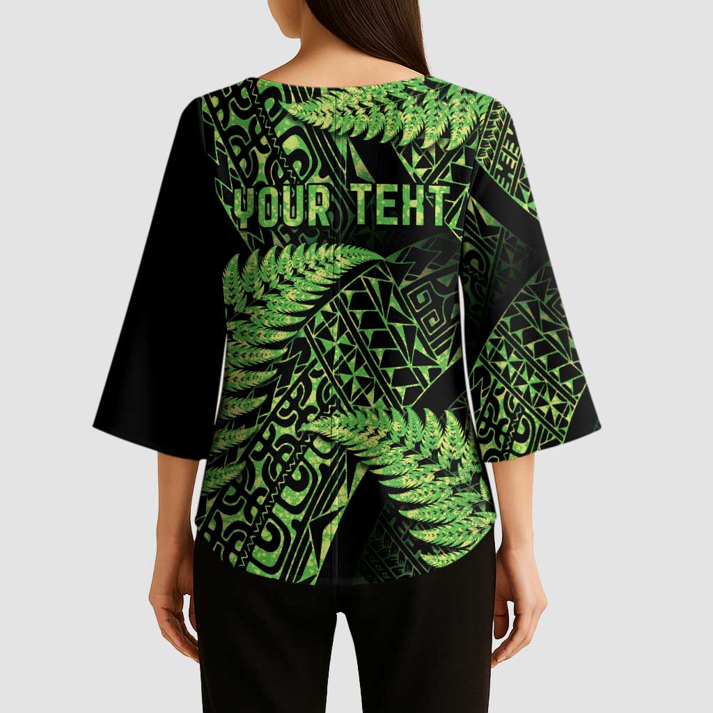 New Zealand Rugby Pacific Personalised Kimono Sleeve Blouse All Lime Maori Pasifika Fern Pattern LT9 - Polynesian Pride