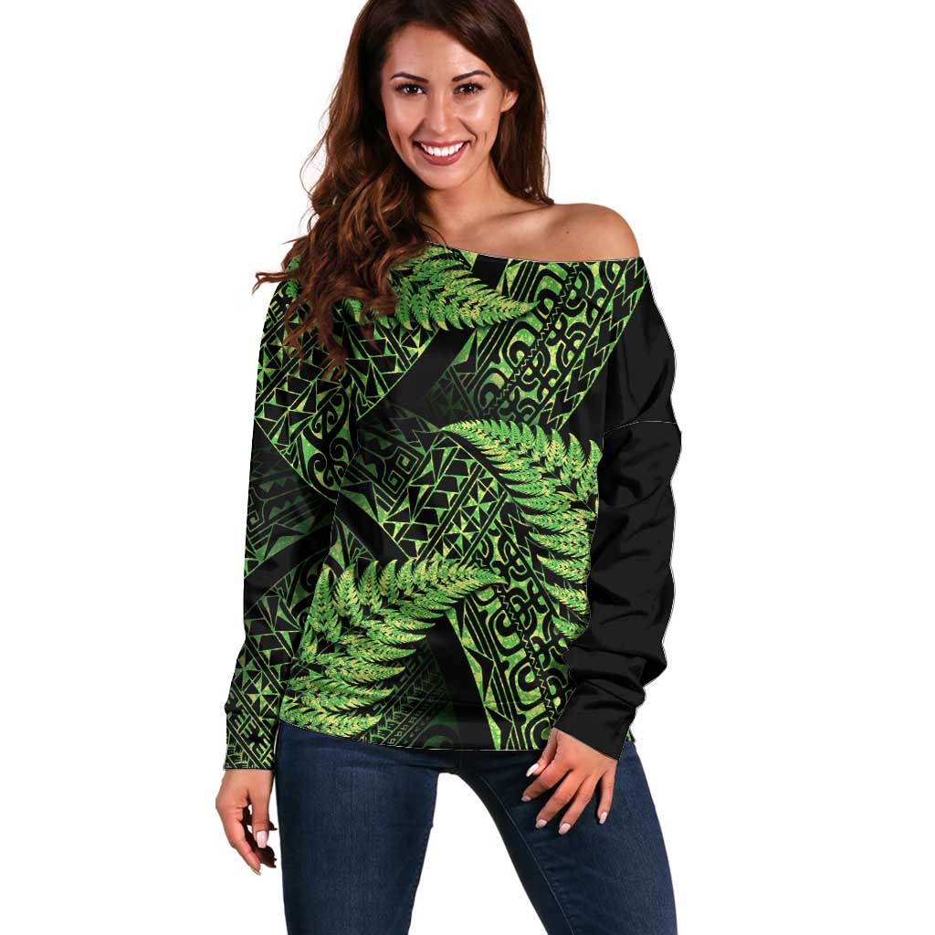 New Zealand Rugby Pacific Personalised Off Shoulder Sweater All Lime Maori Pasifika Fern Pattern LT9 Women Lime - Polynesian Pride