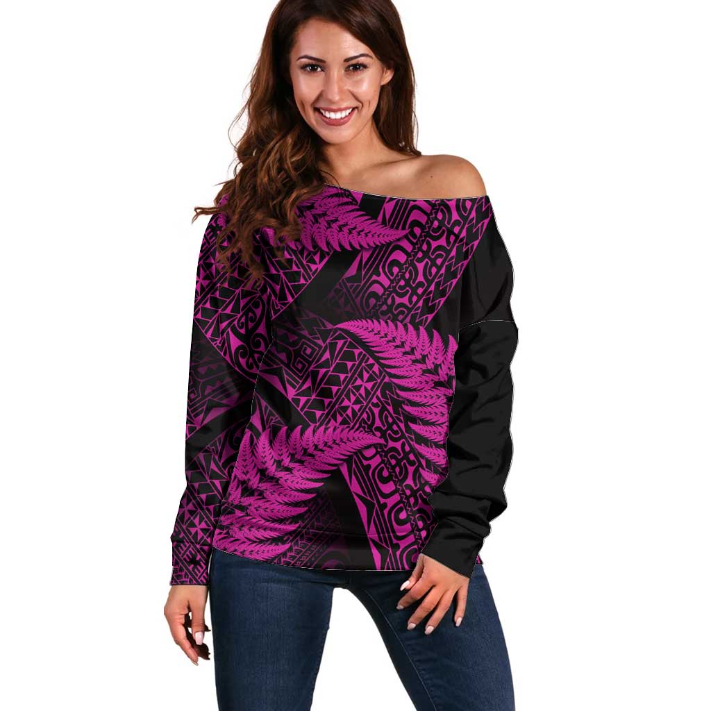 New Zealand Rugby Pacific Personalised Off Shoulder Sweater All Pink Maori Pasifika Fern Pattern LT9 Women Pink - Polynesian Pride