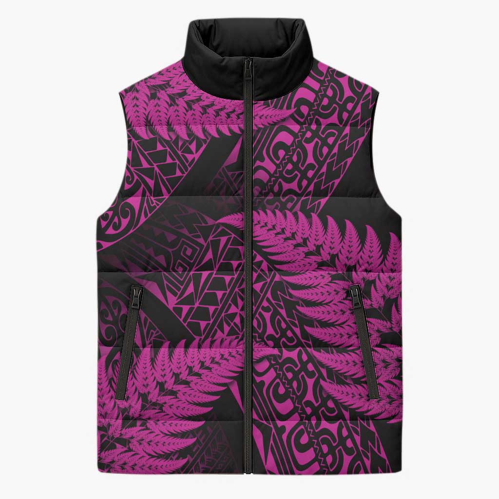 New Zealand Rugby Pacific Personalised Sleeveless Puffer Jacket All Pink Maori Pasifika Fern Pattern LT9 Unisex Pink - Polynesian Pride