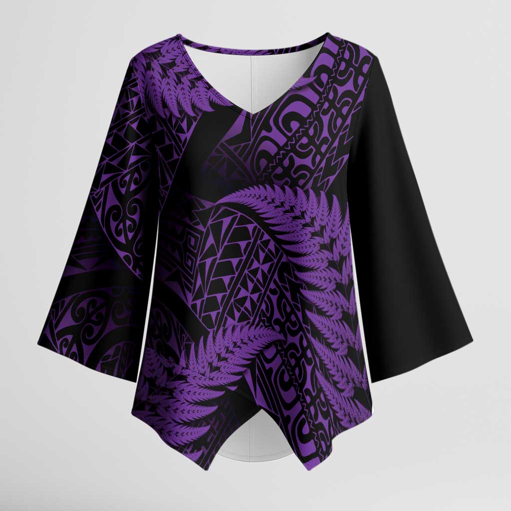 New Zealand Rugby Pacific Personalised Kimono Sleeve Blouse All Purple Maori Pasifika Fern Pattern LT9 Female Purple - Polynesian Pride