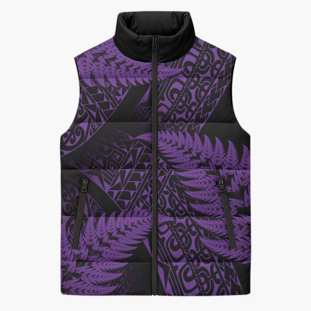 New Zealand Rugby Pacific Personalised Sleeveless Puffer Jacket All Purple Maori Pasifika Fern Pattern LT9 Unisex Purple - Polynesian Pride