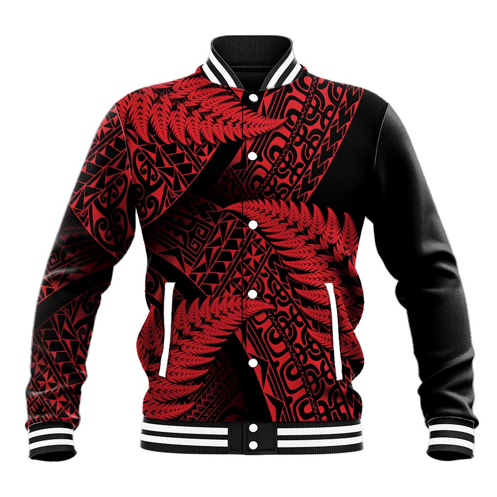 New Zealand Rugby Pacific Personalised Baseball Jacket All Red Maori Pasifika Fern Pattern LT9 Unisex Red - Polynesian Pride