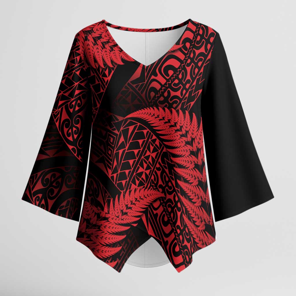 New Zealand Rugby Pacific Personalised Kimono Sleeve Blouse All Red Maori Pasifika Fern Pattern LT9 Female Red - Polynesian Pride