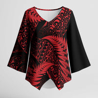 New Zealand Rugby Pacific Personalised Kimono Sleeve Blouse All Red Maori Pasifika Fern Pattern LT9 Female Red - Polynesian Pride