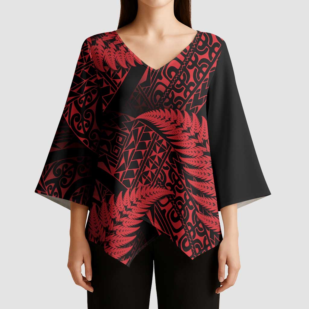 New Zealand Rugby Pacific Personalised Kimono Sleeve Blouse All Red Maori Pasifika Fern Pattern LT9 - Polynesian Pride