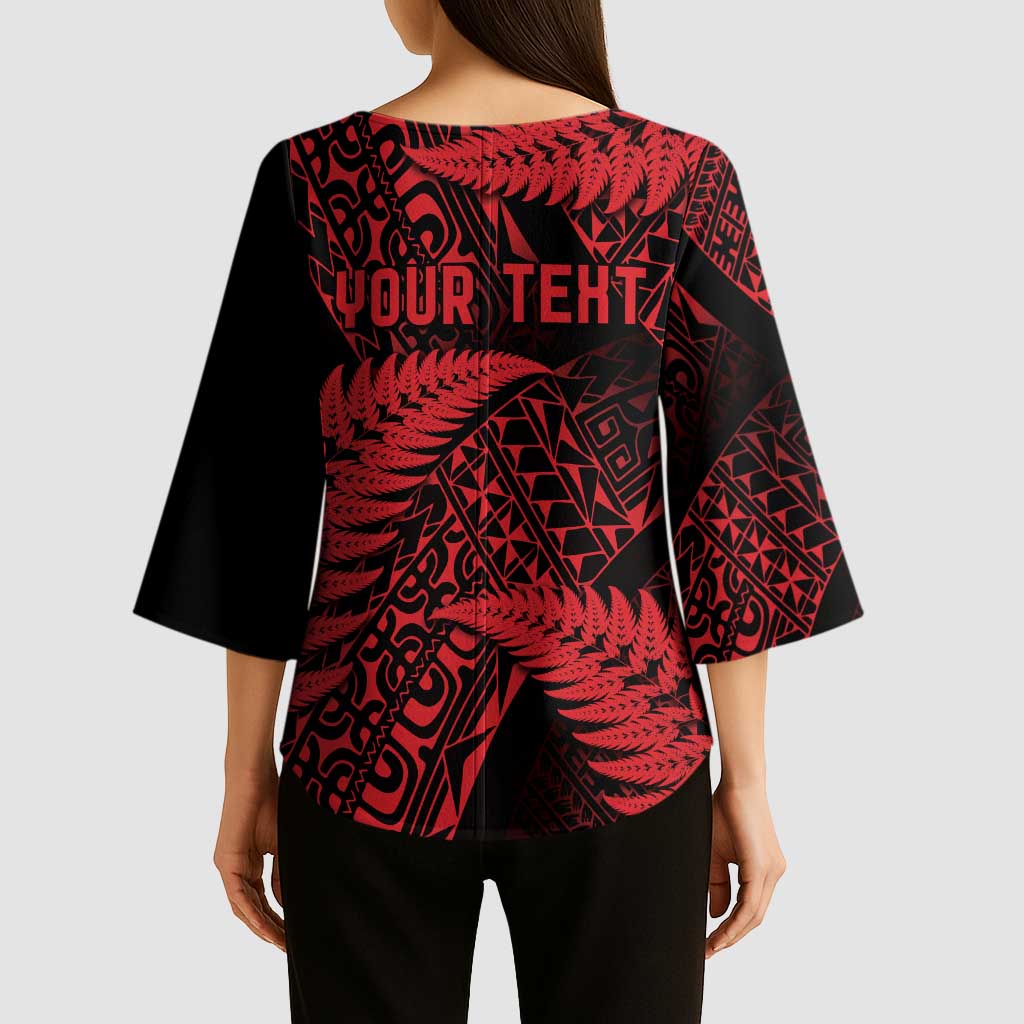 New Zealand Rugby Pacific Personalised Kimono Sleeve Blouse All Red Maori Pasifika Fern Pattern LT9 - Polynesian Pride