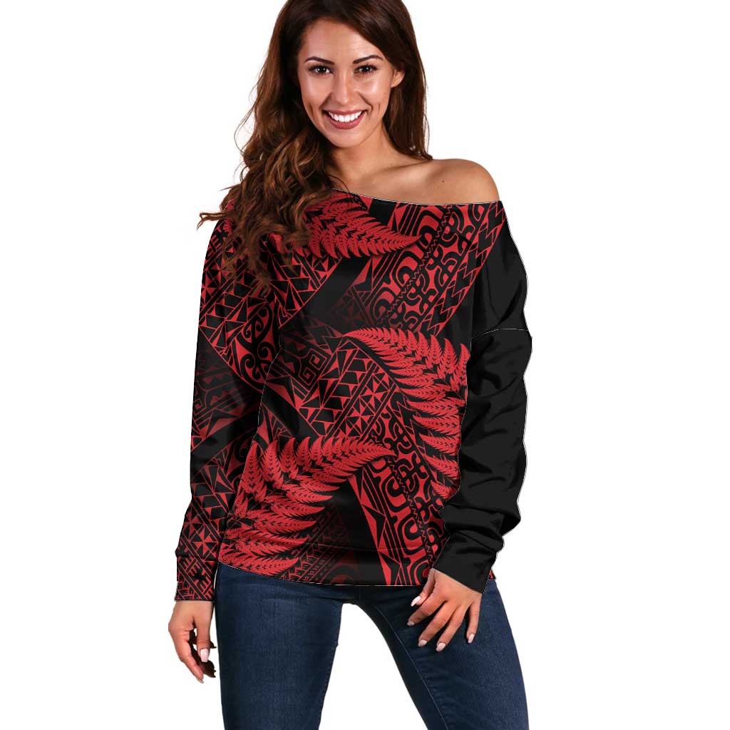 New Zealand Rugby Pacific Personalised Off Shoulder Sweater All Red Maori Pasifika Fern Pattern LT9 Women Red - Polynesian Pride