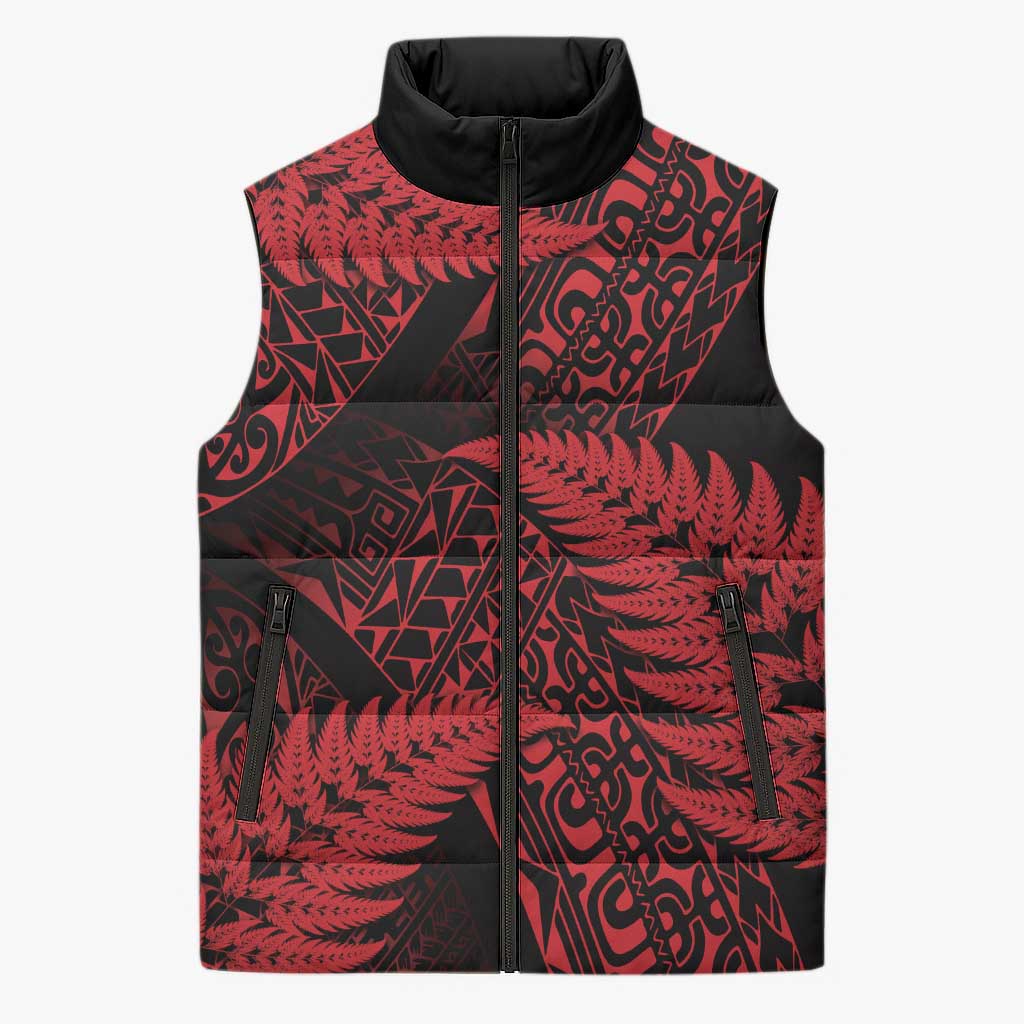 New Zealand Rugby Pacific Personalised Sleeveless Puffer Jacket All Red Maori Pasifika Fern Pattern LT9 Unisex Red - Polynesian Pride