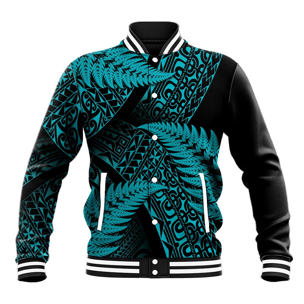 New Zealand Rugby Pacific Personalised Baseball Jacket All Turquoise Maori Pasifika Fern Pattern LT9 Unisex Turquoise - Polynesian Pride