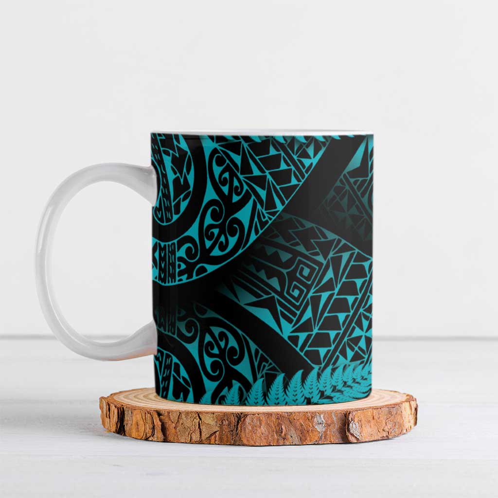 New Zealand Rugby Pacific Personalised Ceramic Mug All Turquoise Maori Pasifika Fern Pattern LT9 Turquoise - Polynesian Pride