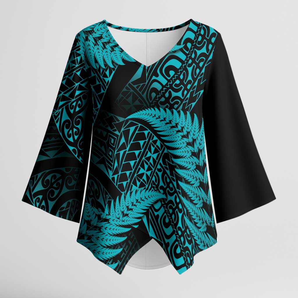 New Zealand Rugby Pacific Personalised Kimono Sleeve Blouse All Turquoise Maori Pasifika Fern Pattern LT9 Female Turquoise - Polynesian Pride