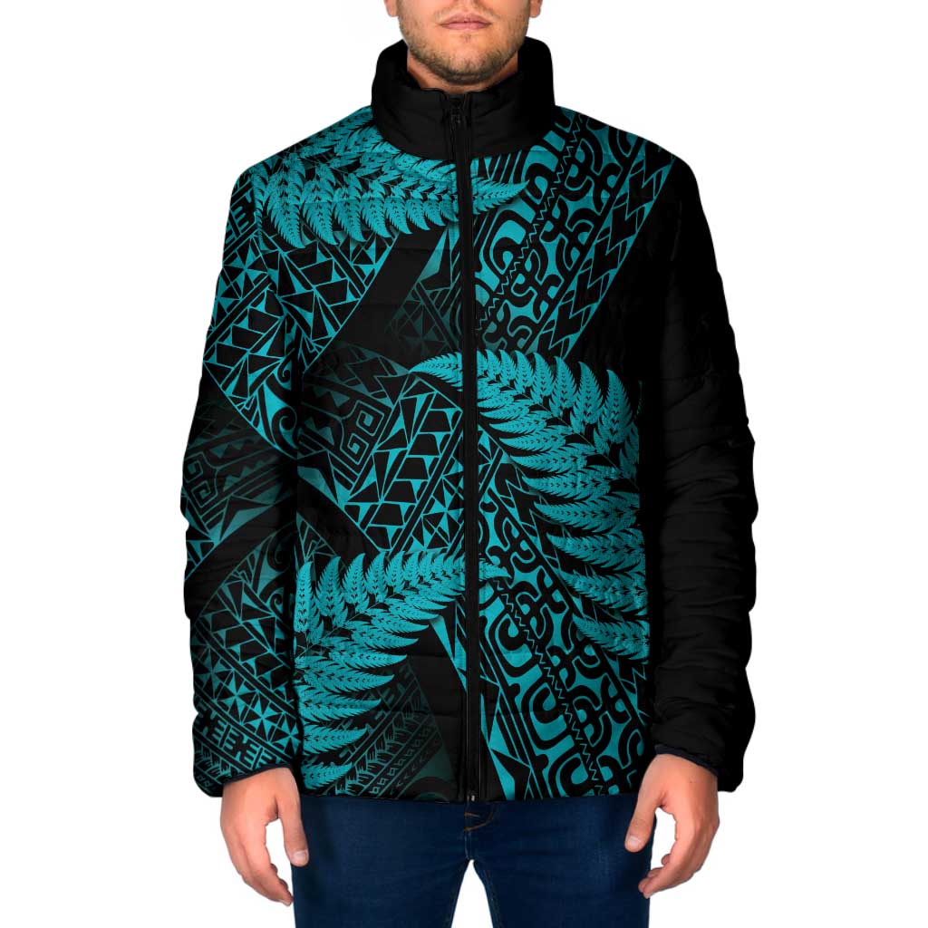 New Zealand Rugby Pacific Personalised Padded Jacket All Turquoise Maori Pasifika Fern Pattern LT9 Men Turquoise - Polynesian Pride