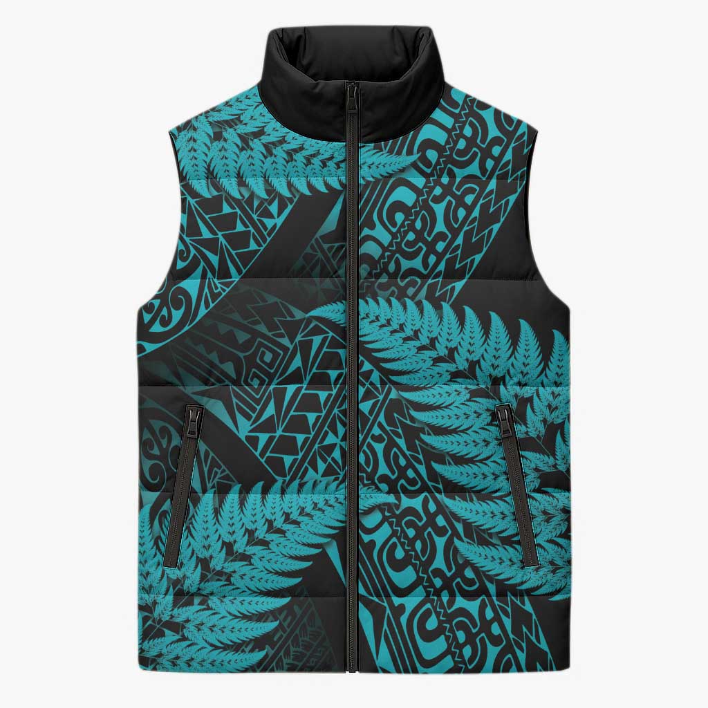 New Zealand Rugby Pacific Personalised Sleeveless Puffer Jacket All Turquoise Maori Pasifika Fern Pattern LT9 Unisex Turquoise - Polynesian Pride