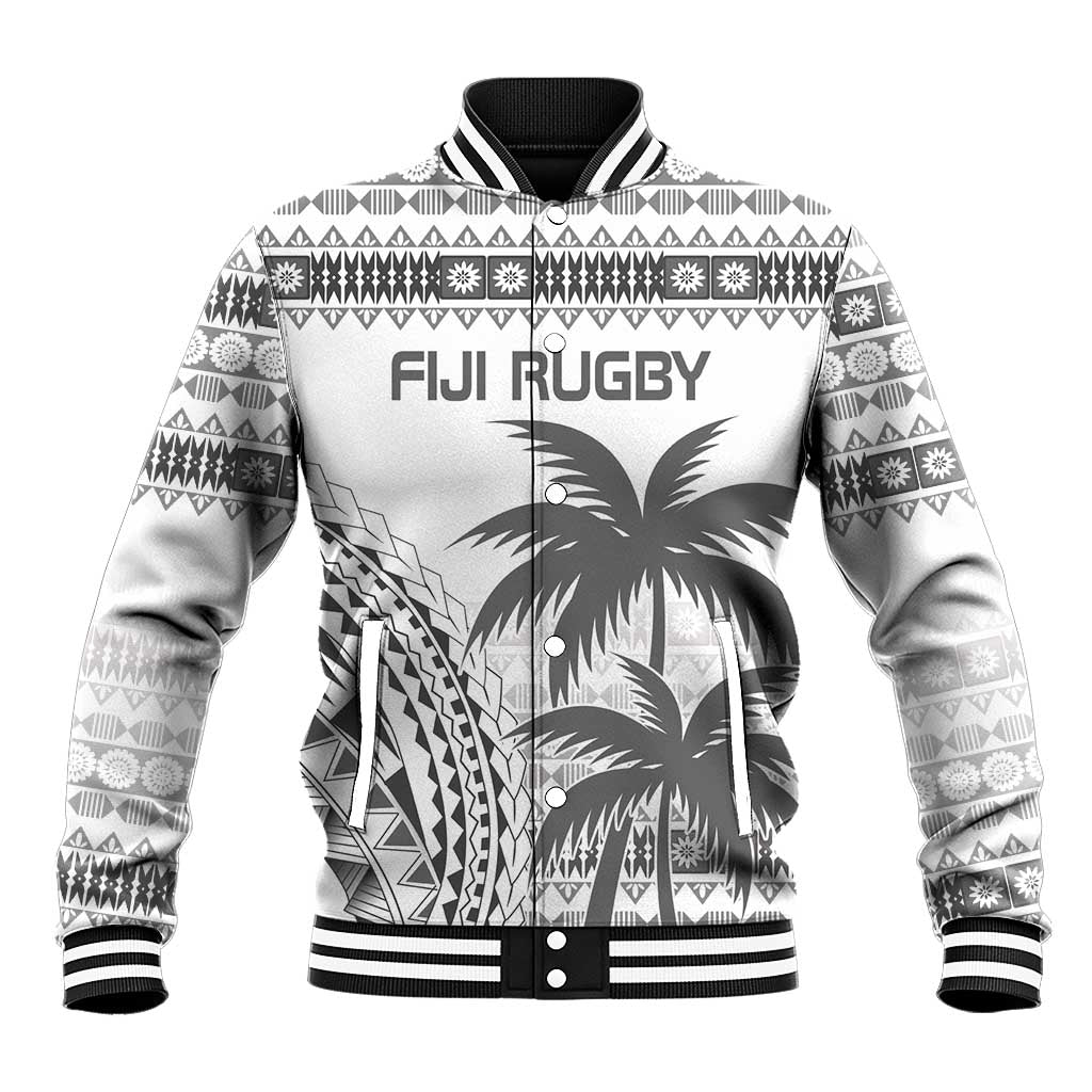 Custom Fiji Rugby Baseball Jacket Polynesian Fijian Masi Palm Tree LT9 Unisex White - Polynesian Pride