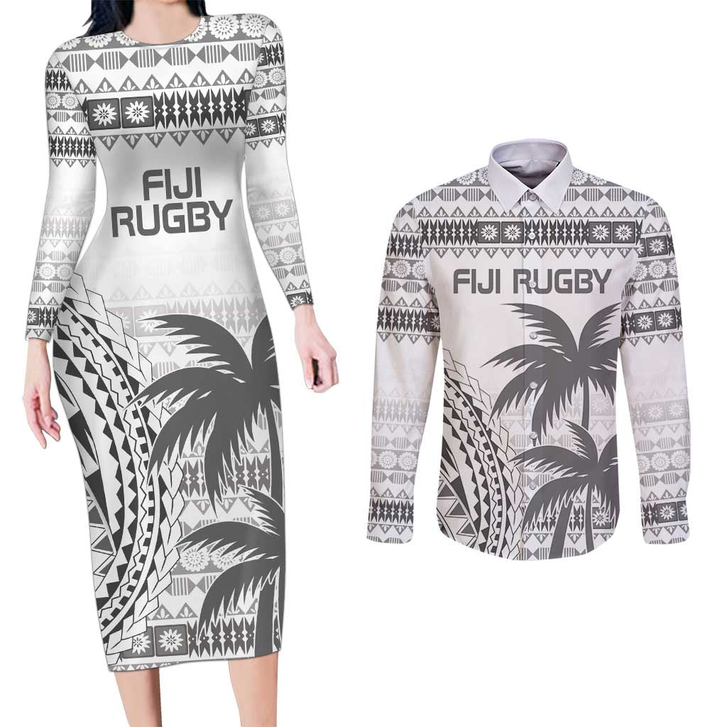 Custom Fiji Rugby Couples Matching Long Sleeve Bodycon Dress and Long Sleeve Button Shirt Polynesian Fijian Masi Palm Tree