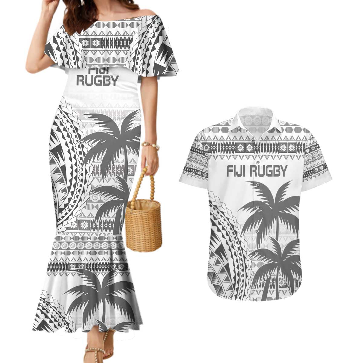 Custom Fiji Rugby Couples Matching Mermaid Dress and Hawaiian Shirt Polynesian Fijian Masi Palm Tree