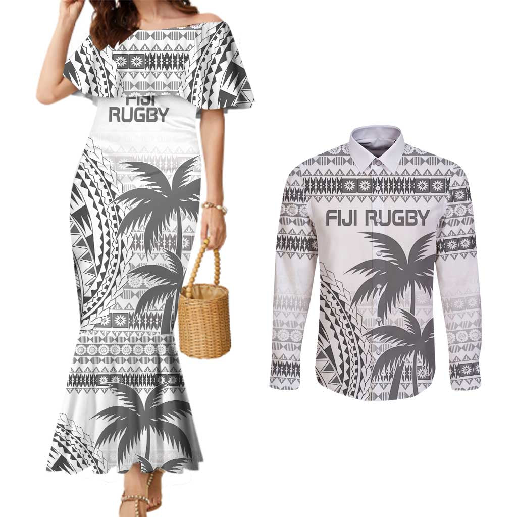 Custom Fiji Rugby Couples Matching Mermaid Dress and Long Sleeve Button Shirt Polynesian Fijian Masi Palm Tree