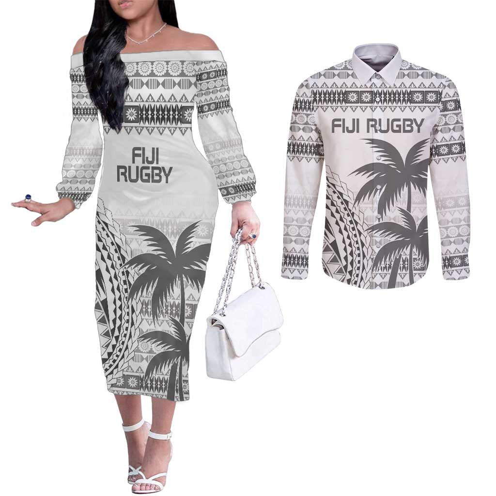 Custom Fiji Rugby Couples Matching Off The Shoulder Long Sleeve Dress and Long Sleeve Button Shirt Polynesian Fijian Masi Palm Tree