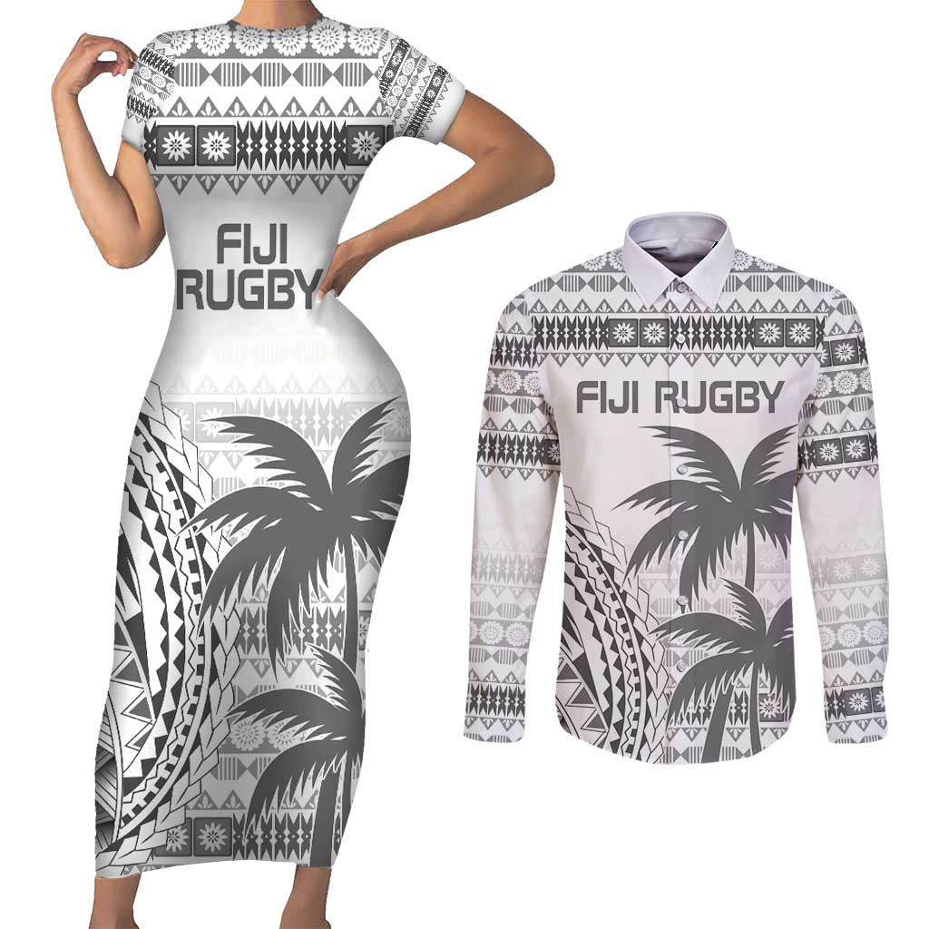 Custom Fiji Rugby Couples Matching Short Sleeve Bodycon Dress and Long Sleeve Button Shirt Polynesian Fijian Masi Palm Tree