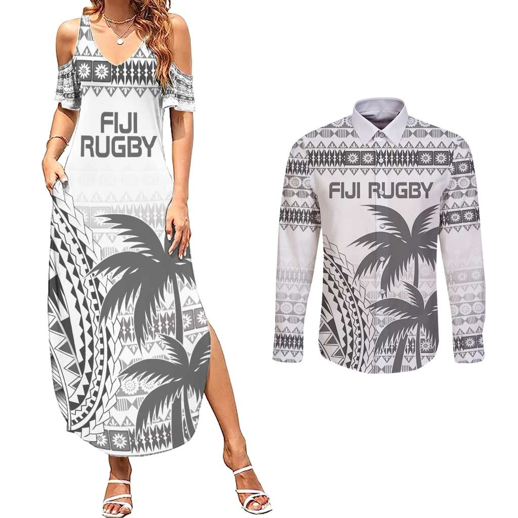 Custom Fiji Rugby Couples Matching Summer Maxi Dress and Long Sleeve Button Shirt Polynesian Fijian Masi Palm Tree