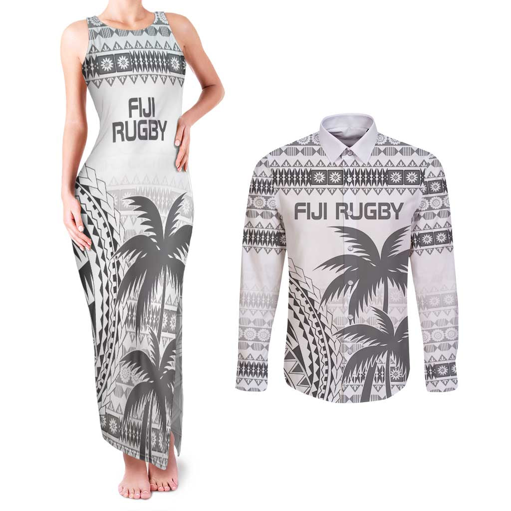 Custom Fiji Rugby Couples Matching Tank Maxi Dress and Long Sleeve Button Shirt Polynesian Fijian Masi Palm Tree