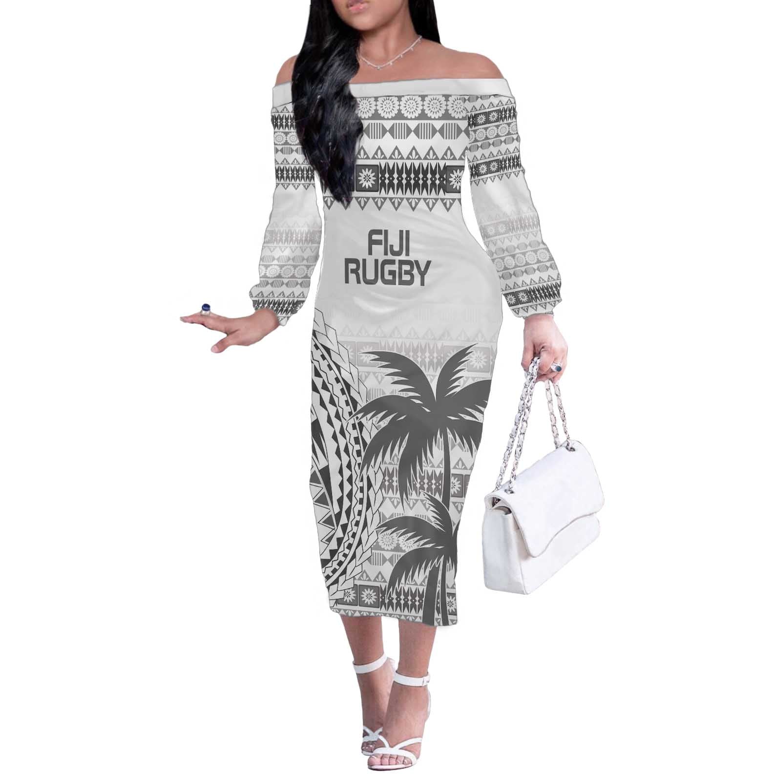 Custom Fiji Rugby Off The Shoulder Long Sleeve Dress Polynesian Fijian Masi Palm Tree