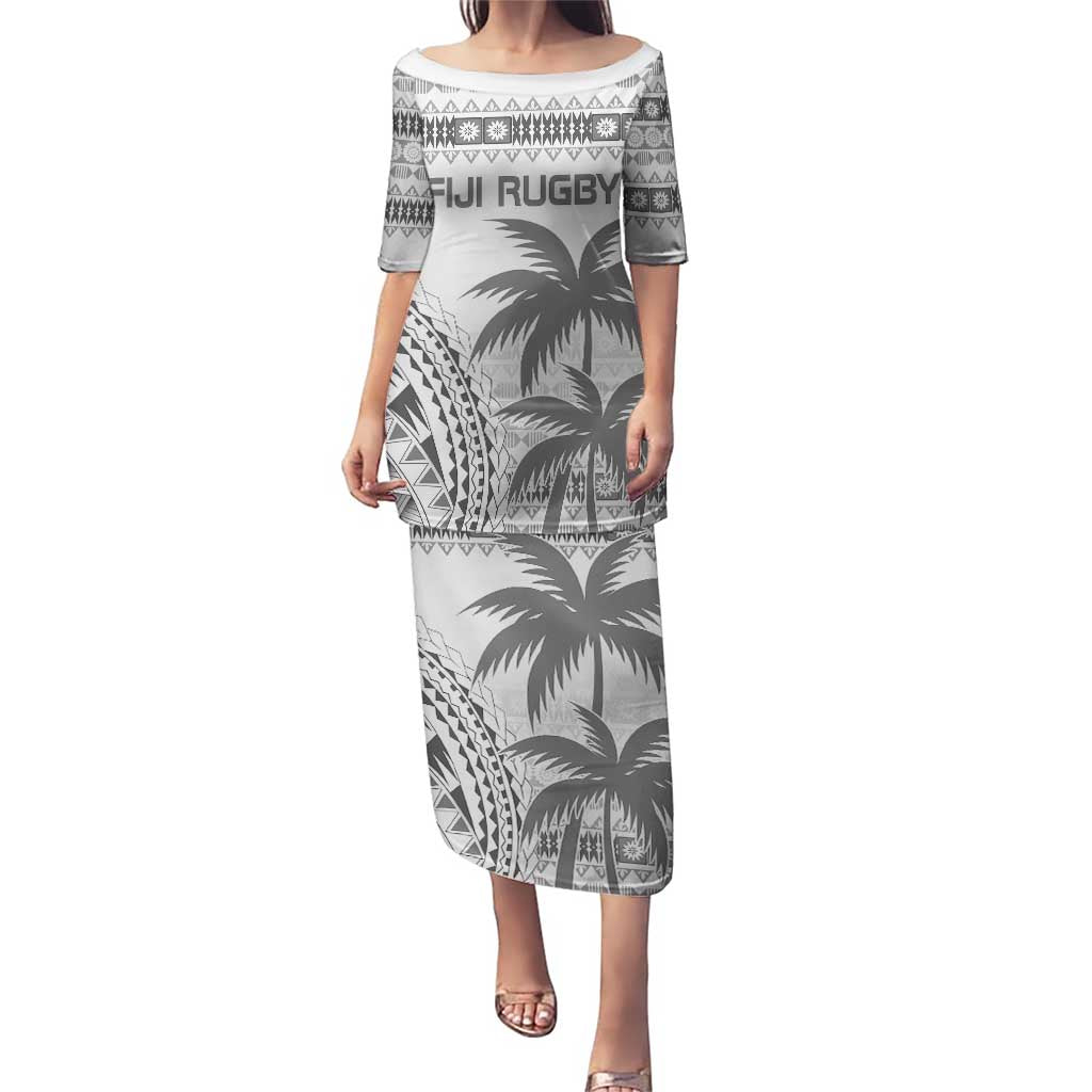Custom Fiji Rugby Puletasi Polynesian Fijian Masi Palm Tree LT9 Long Dress White - Polynesian Pride