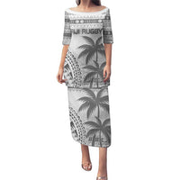 Custom Fiji Rugby Puletasi Polynesian Fijian Masi Palm Tree LT9 Long Dress White - Polynesian Pride