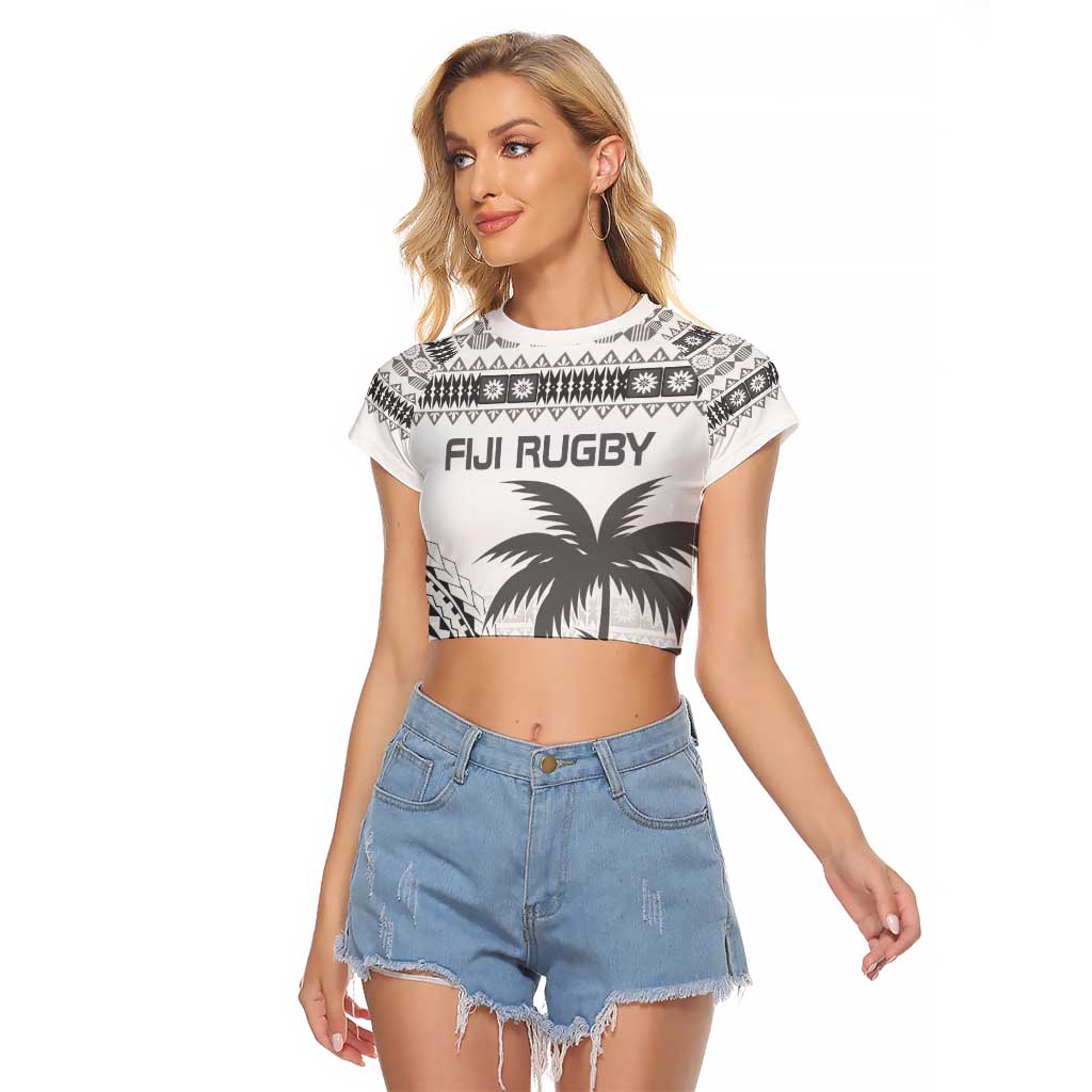 Custom Fiji Rugby Raglan Cropped T Shirt Polynesian Fijian Masi Palm Tree LT9 Female White - Polynesian Pride